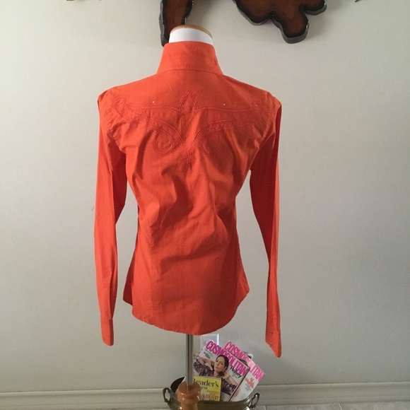 ROCKIES ORANGE WESTERN EMBROIDERED & BLING ORANGE SNAP BUTTON DOWN SHIRT/ SZ S - Picture 3 of 12